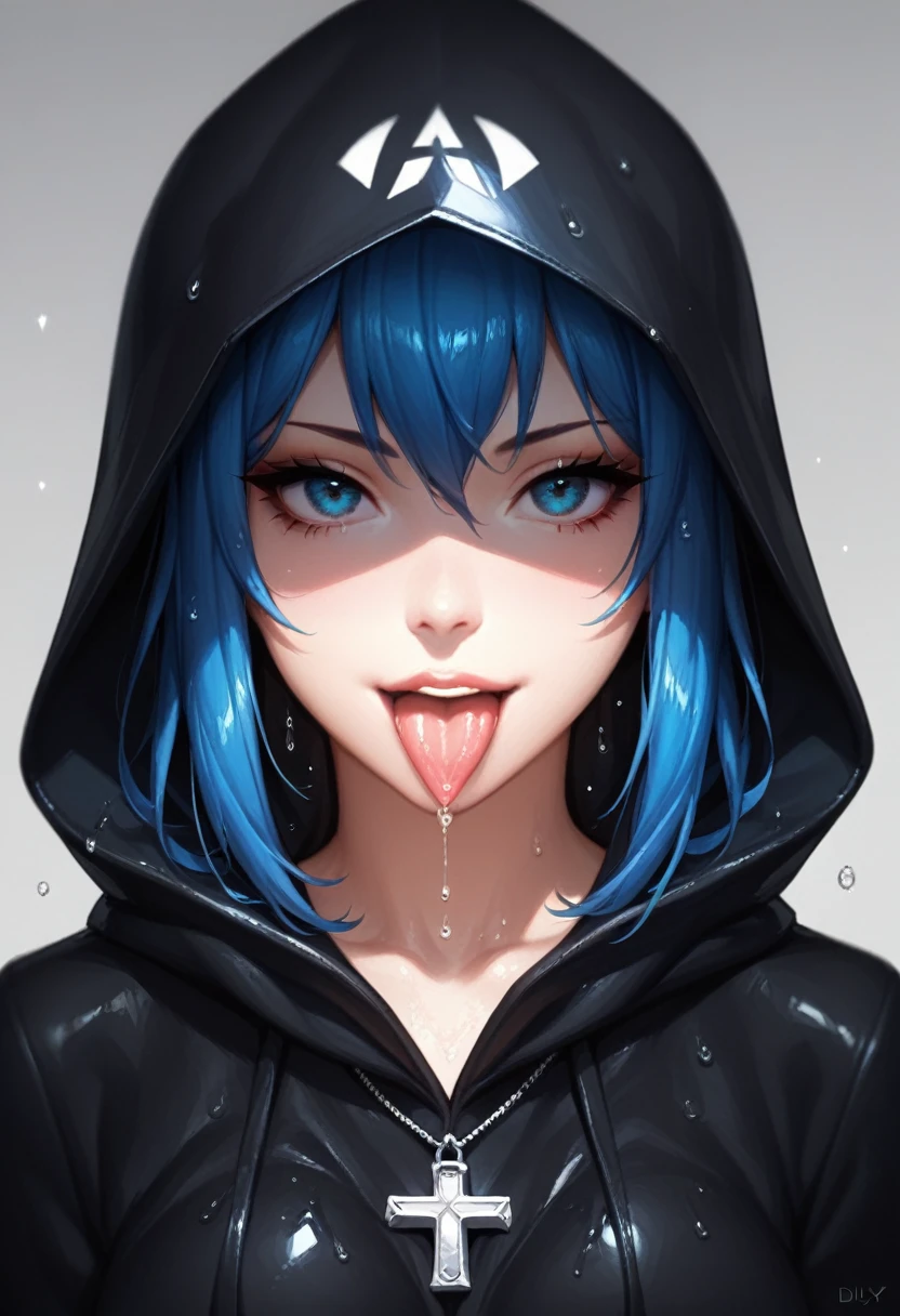 Close-up portrait of a young woman with a rebellious and defiant expression. His face is in the foreground, softly and dimly lit, highlighting her light skin. He wears a black hood that covers most of his head., leaving only his mouth and tongue visible. About the hood, A white cross stands out at the top, contrasting with the dark fabric. the woman has her mouth open, showing a wide, provocative smile while sticking her tongue out, creating a bold and defiant effect. The light is subtle, with soft shadows that add a dramatic touch to the face and hood. The style is hyperrealistic, capturing the details of the fabric texture, Shiny teeth and wet tongue,The hood covers his eyes and nose,only the mouth visible