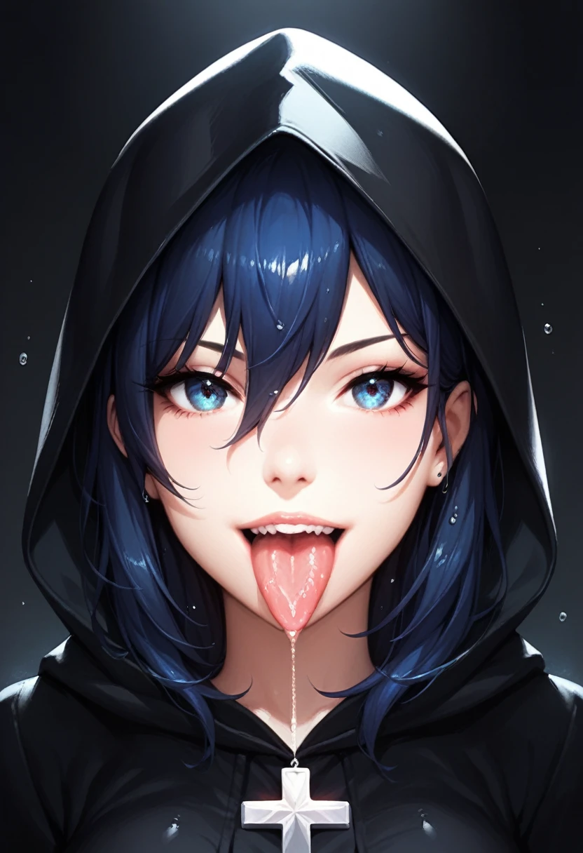 Close-up portrait of a young woman with a rebellious and defiant expression. His face is in the foreground, softly and dimly lit, highlighting her light skin. He wears a black hood that covers most of his head., leaving only his mouth and tongue visible. About the hood, A white cross stands out at the top, contrasting with the dark fabric. the woman has her mouth open, showing a wide, provocative smile while sticking her tongue out, creating a bold and defiant effect. The light is subtle, with soft shadows that add a dramatic touch to the face and hood. The style is hyperrealistic, capturing the details of the fabric texture, Shiny teeth and wet tongue,The hood covers his eyes and nose,only the mouth visible