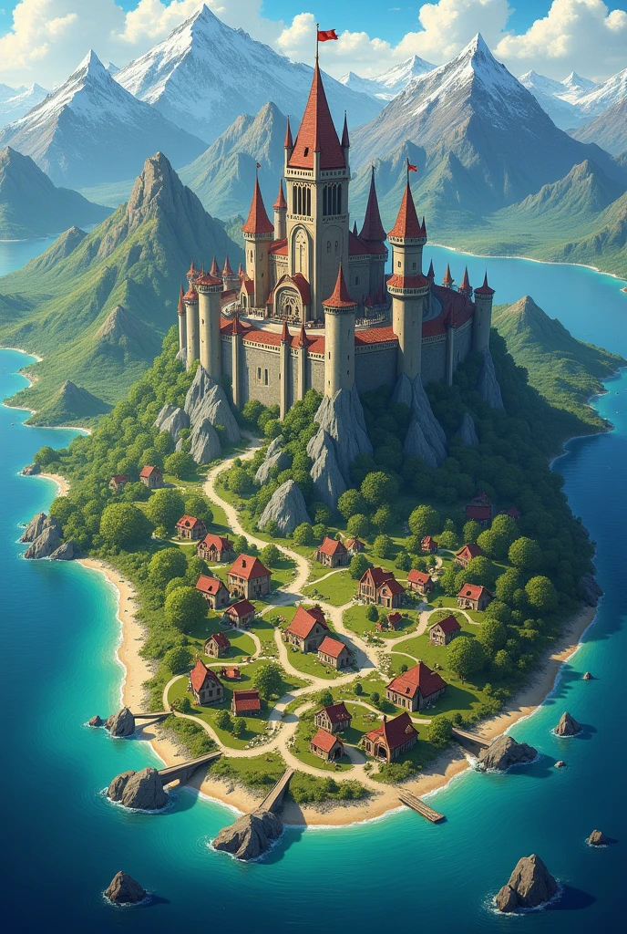 Make a map with a castle, villages, different biomes and different seas for an rpg