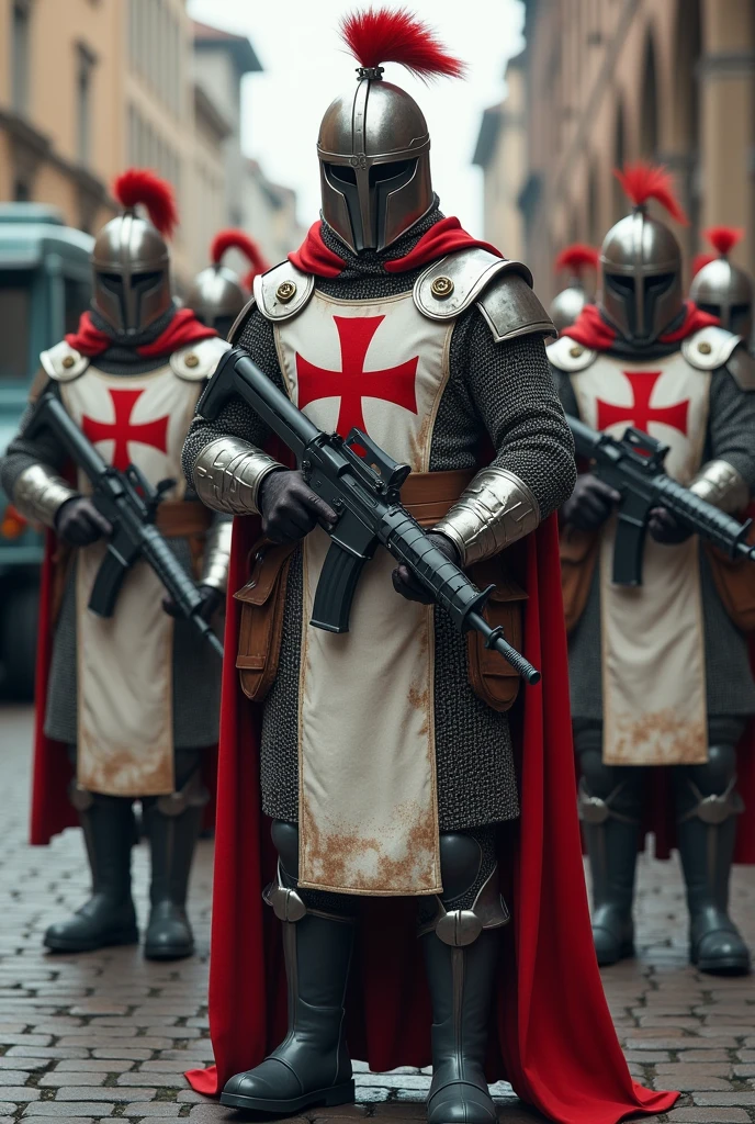 image of the templar army in the 21st century mix the templar soldier's armor with a camouflage helmet with a red crest modern white tactical vest with a large red cross painted on the vest , characteristic uniform of the 21st century dark gray military boots and a steel chainmail outfit armed with a rifle , military vehicle near roman cathedral in the background