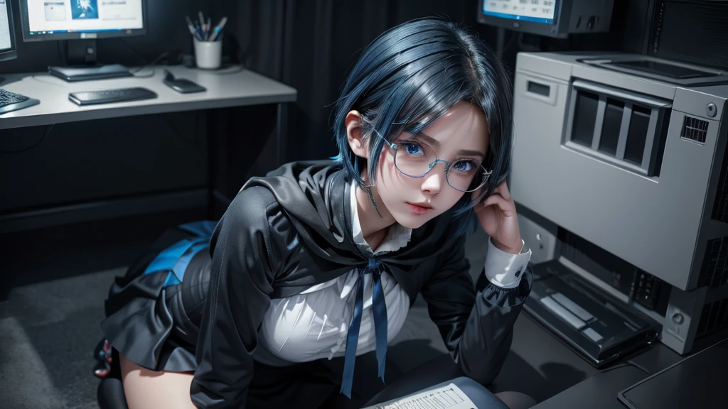 1 girl, Leila evil, blue hair, blue eyes, short hair, Black cape, skirt, white pantyhose, blue devil wings, blue glasses, Mini,, Indoors, hiding place, many computer monitors, phantom thief hiding place,, ,