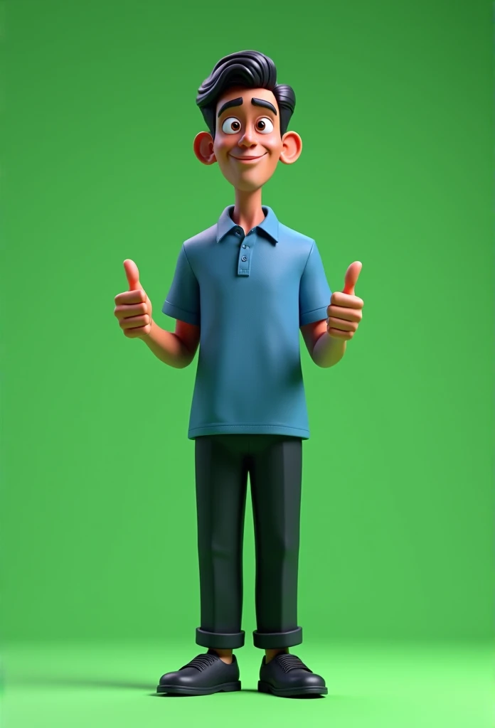 Cartoon character of a tall and slender man 60 years old full body dark skin black hair and short, blue shirt, black pants black shoes, an animated character, stylized character, animation style rendering, 3d stylized, Arnold Maya rendering, Stylized 3D rendering, toon render screenshot, 3d character, 3d character, Stylized 3D rendering, 3D character rendering, cartoon character, character posing, (Pixar-style) (master part:1.2) (bokeh) (best qualityer) (skin detailed) (detailed texture) (8k) (Argilla) (cinematic lighting) (sharp focus,standing full body making a thumbs up sign with both hands green background without shadow chroma kay type