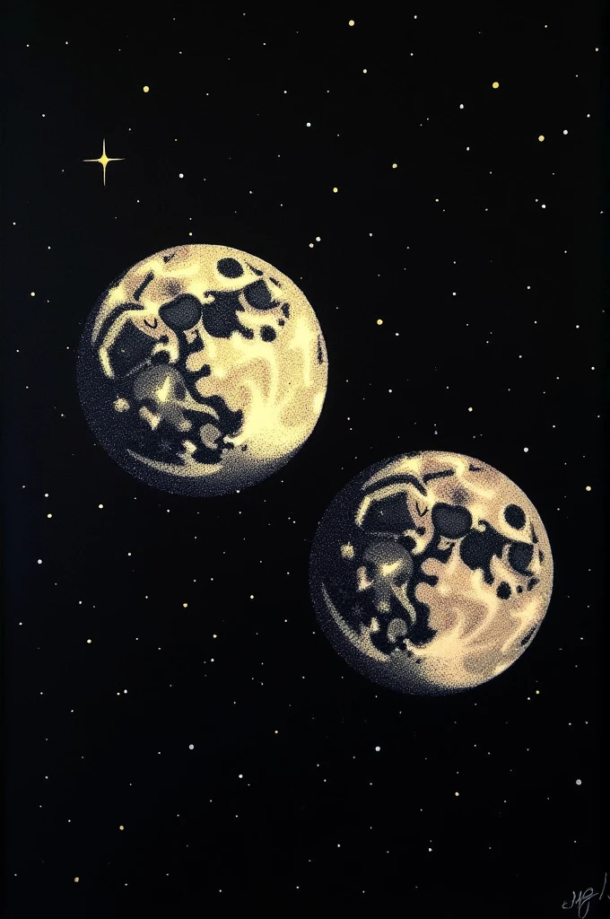 Create a drawing using pointillism about two moons 
