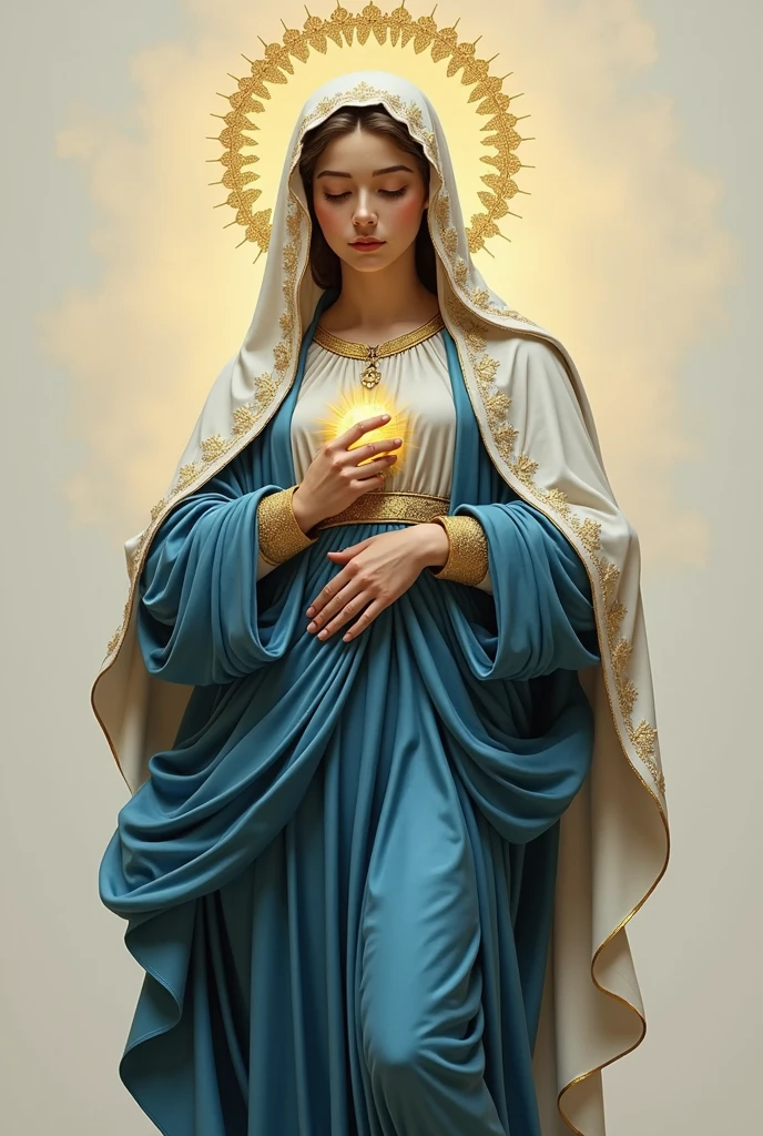 Drawing of the Virgin of the Assumption of the province of Asunción de Arequipa, blue gown with white veil, golden crown over head