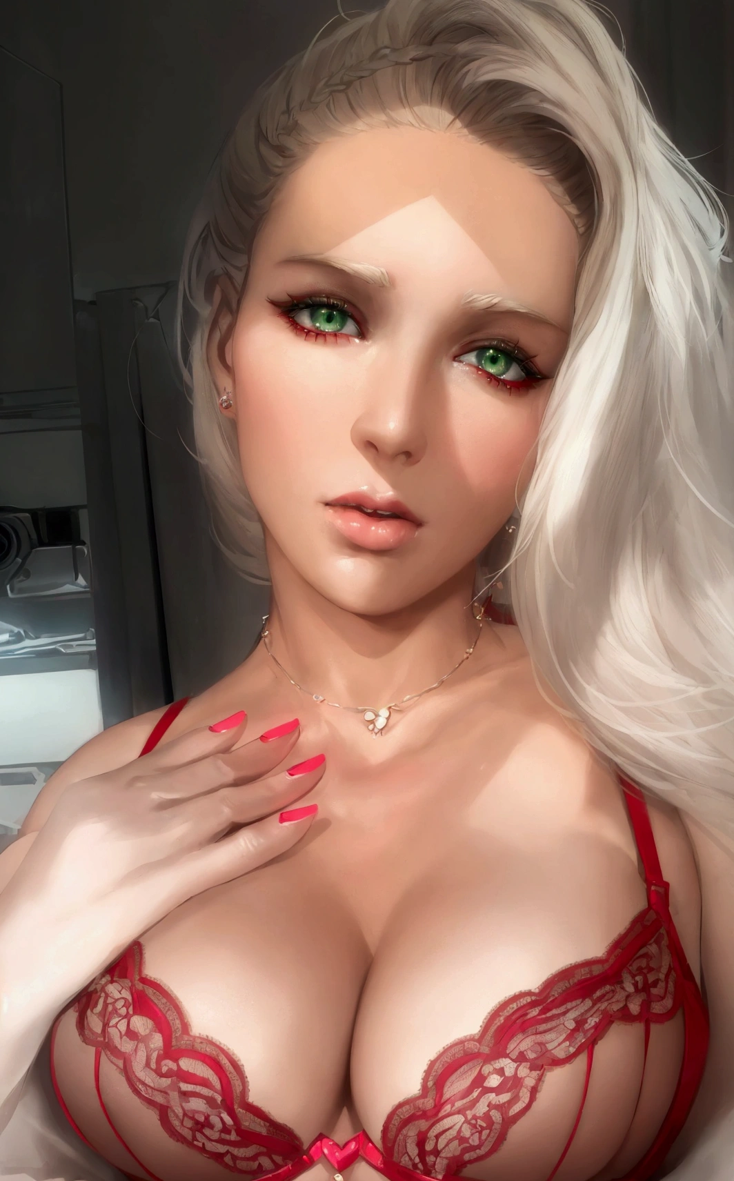 a close up of a woman with a red bra and a necklace, angelawhite, sexy face, blonde goddess, sexy face with full makeup, perfect white haired girl, anna nikonova aka newmilky, 1 8 yo, 1, a gorgeous blonde, sexy girl with green eyes, beautiful blonde girl, sexy look at the camera