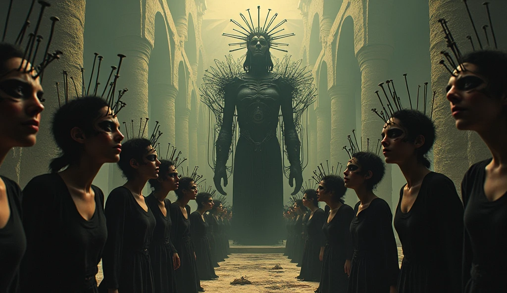 (Very old photograph only in sepia color), ((in full shot), (low-angle ground view,) a ((large LeMarchand Cube Puzzle as the central figure from the movie Hellraiser, surrounded by cenobitic female characters, black lipstick, scream and anger)), (black eyeball), symmetrical cut on the face, (dozens of nails in the head, frightened, horrified, terrified, insane, disgusting, disturbing, disturbing, Impactful, vintage, old film, (painting and surreal landscape (inspired by Zdzislaw Beksinski and Wayne Barlowe), director Fritz Lang credits, science fiction, dynamic composition, gritty textures, shadows and highlights, bright costumes, excitement and adrenaline, cosmic horror influences , sinister composition, macabre atmosphere, high contrast, deep shadows, mysterious atmosphere, vintage film grain effect, horror elements, retro film noir aesthetic, monochromatic color scheme, elements of suspense and mystery, of the mind Creative by Fritz Lang, eye-catching visuals, innovative visual effects, gripping plot, thrilling horror with a twist. photorealistic, cinematic film, Ultra detailed, RAW photo, cinematic, artstation style, concept art, masterpiece, 8k, black and white, realistic textures, 3D rendering