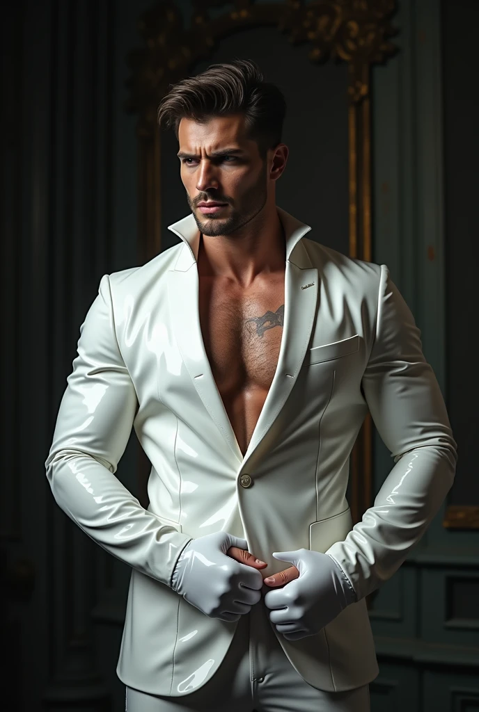 Un homme sexy avec des gants en latex blanc