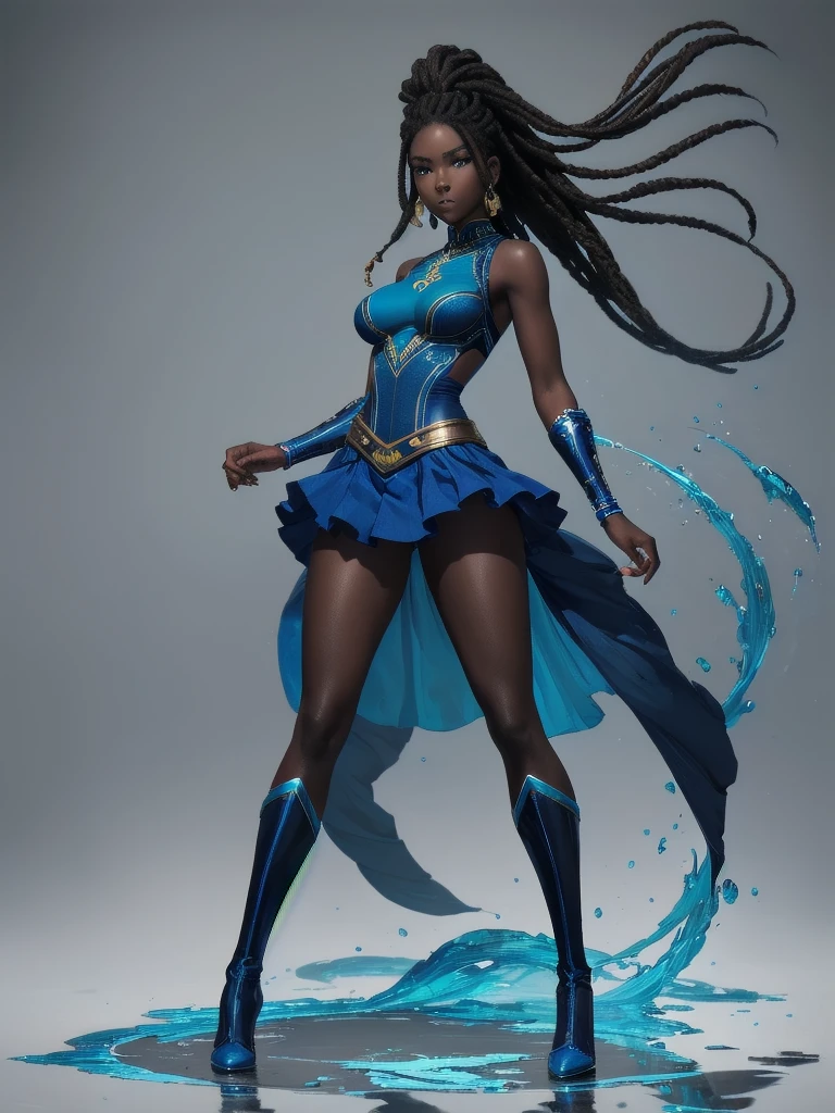 ((best quality)), ((4k)), ((highres)), ((masterpiece:1.2)). ((detailed)), ((ultra realistic)), ((intricate details)), ((full body picture)), ((character design sheet)), ((blank background)), a full body picture of a beautifull ebony female, young black woman, african princess, african model, perfect face, gorgeous face, detailed eyes, detailed lips, ((vivid blue eyes)), about 1, about 5'5 ft. tall, long thin dreadlocks, ((emphasis on her long thin dreadlocks)), dreadlock beads ((emphasis on her dreadlock beads)), athletic body, dressed in a sleeveless blue tank top and a floaty blue ruffle mini skirt ((emphasis on her sleeveless blue tank top and a floaty blue ruffle mini skirt)), midriff, dark blue and light blue outfit, ((emphasis on dark blue and light blue outfit)), multi-colored outfit, ((emphasis on multi-colored outfit)), multiple shades of blue dress, ((emphasis on her multiple shades of blue dress)), turquoise outfit, blue boots, princess, african sea goddess character concept, superhero character, superhero concept art, superhero character concept art, full body, full body concept art, full body art, splashes of water in the background