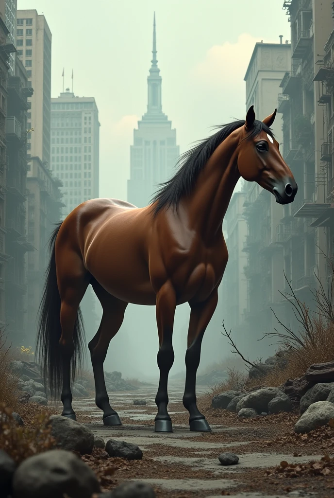 A horse in the background of an abandoned city 