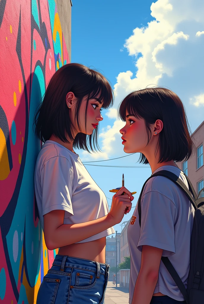 ferumbras has (best qualityer), work of art, extremely detailed 8K CG uniform illustration, high color, extremely high color saturation, all the colors deepened, paint, graffiti art, central composition, extremely detailed light and shadow, parede de graffiti, wall painted bright, 1 girl writing graffiti 1 girl looking at the wall, extremly detailed face and eyes, Medium length hair, Sportswear, colorful clouds