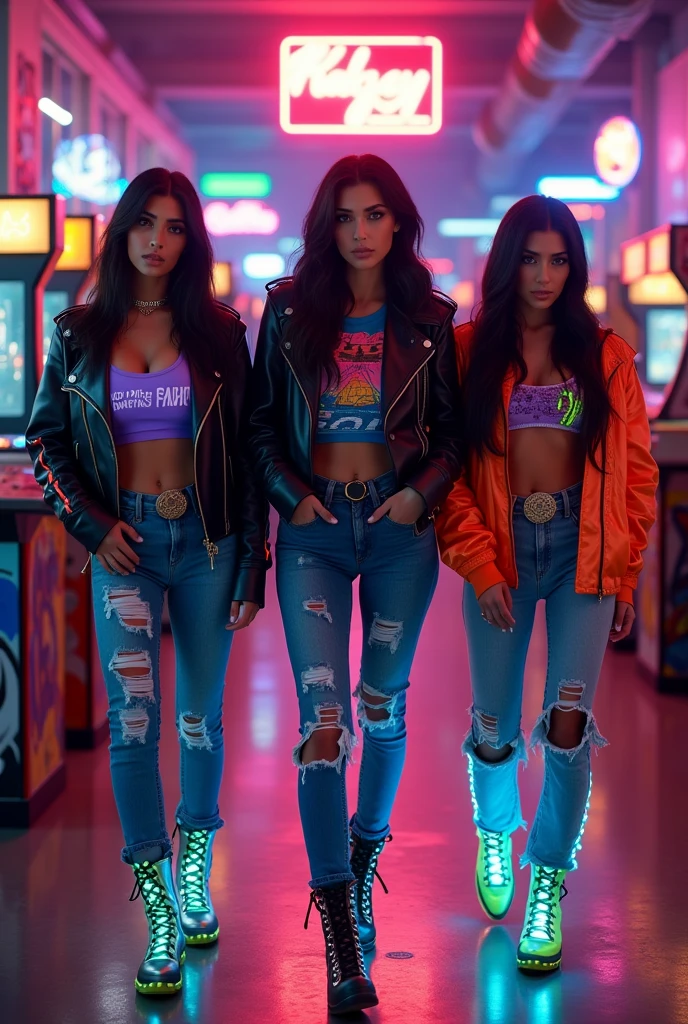 [Subject: Cyberpunk Kardashian Sisters in Cinematic Retro-Gaming Outfits] A high-resolution, cinematic Instagram image featuring the Kardashian sisters in a neon-soaked, retro arcade with a "Stranger Things" vibe. 

**Kim Kardashian** leads in a black leather jacket with neon red LED stripes, paired with a cropped holographic tee and distressed jeans that glow with digital patterns. She finishes the look with neon-lit combat boots.

**Kourtney Kardashian** wears a leather jacket with neon blue accents, a vintage arcade tee, and ripped jeans with embedded LED displays. Metallic boots with flashing lights complete her outfit.

**Khloé Kardashian** sports a neon green jacket over a retro gaming crop top, distressed jeans with glowing cuts, and boots with dynamic LED flames.

**Kendall Jenner** rocks a neon purple-accented jacket, a digital design crop top, and tech-enhanced jeans with holographic patterns, along with boots that pulse with neon light.

**Kylie Jenner** shines in a neon orange jacket over a holographic top, illuminated seam jeans, and combat boots with neon green effects.

The scene is set in a nostalgic, neon-lit arcade, with rows of glowing game machines and vibrant graffiti. The atmosphere is cinematic, with a "Stranger Things" retro-futuristic energy, enhanced by the surrounding crowd in cyberpunk attire.

[Lighting: Neon glow with cinematic reflections] [Camera: Wide-angle shot capturing the sisters and the arcade environment] [Resolution: 8k, hyper-realistic] [Style: Cyberpunk glamour, retro-gaming aesthetics, cinematic, Instagram-ready] [Inspiration: Cyberpunk 2077, Stranger Things, Retro Arcade Fashion].
