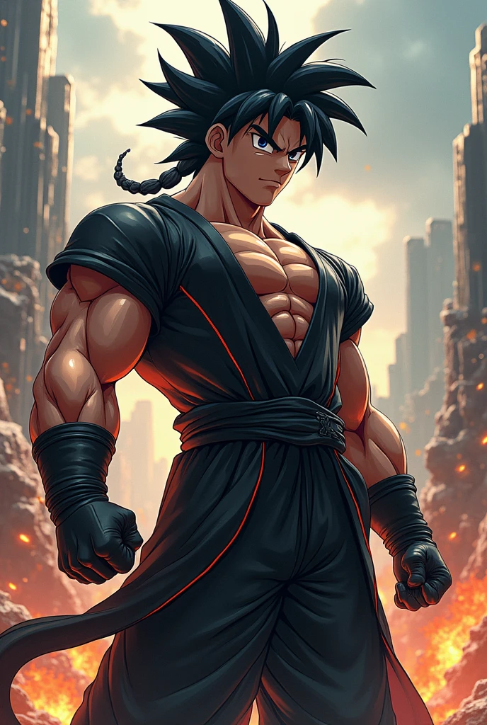 high quality 8k, ((ultra-realistic, highly detailed, photorealistic:1.4)), ((epic, cinematic, dramatic:1.3)), muscular male anime character, Goku in a black Metal Gear outfit, striking heroic pose, complex background with blasting island, intricate details, ultra-detailed CG, best quality masterpiece, finest illustration, perfect shadows, explosive lighting, vibrant color palette, ((fusion of Goku and Metal Gear)), inspired by Akira Toriyama, Yoji Shinkawa, Dave Rapoza