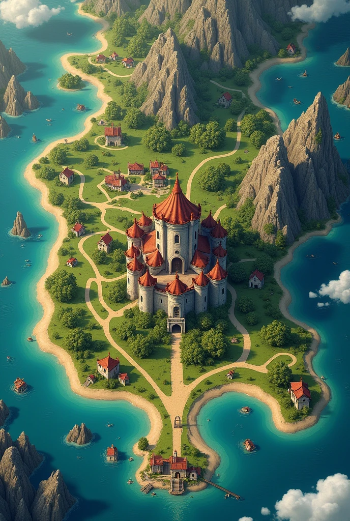 Make a map with a castle, villages, different biomes and different seas for an RPG VIEWED FROM ABOVE