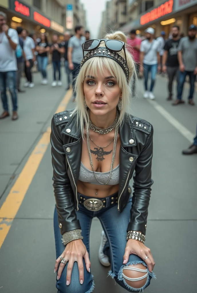 russian old milf woman, , blonde platinum hair (beehive bun) and oversized square sunglasses as headband), with very light green eyes, extremely pale. Wearing studded, padded shoulders,  cropped black moto jacket (zippers on the sides, skull patches on the sleeves), dark grey lace lace push up bra, dark skinny low rise blue jeans with holes on knees .White tennis sneakers. Lots of thick wide studded  bracelets, chain collars and big rings. Tacky wide studded leather belt with big eagle oval buckle. Long earrings with chains. Kneeling, craving for the ice cream of the photographer. Hands on knees. Looking at the camera, Toned abdominals, thin neck, slim legs and thin arms. Narrow hips. Heavily tattooed. Crowded street of Saudi Arabia