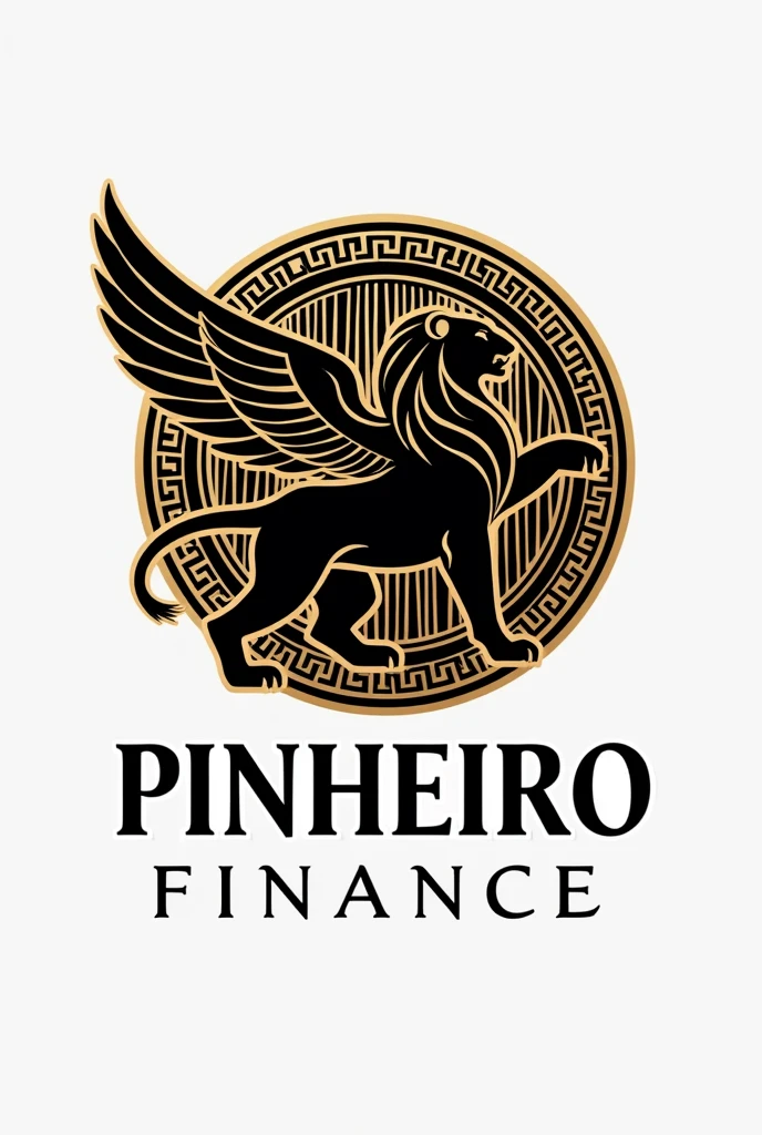 Create a logo for a financial investment house, classic style logo, ancient greek art, The company name is Pinheiro Finance, in black and gold colors, winged lion as a symbol.