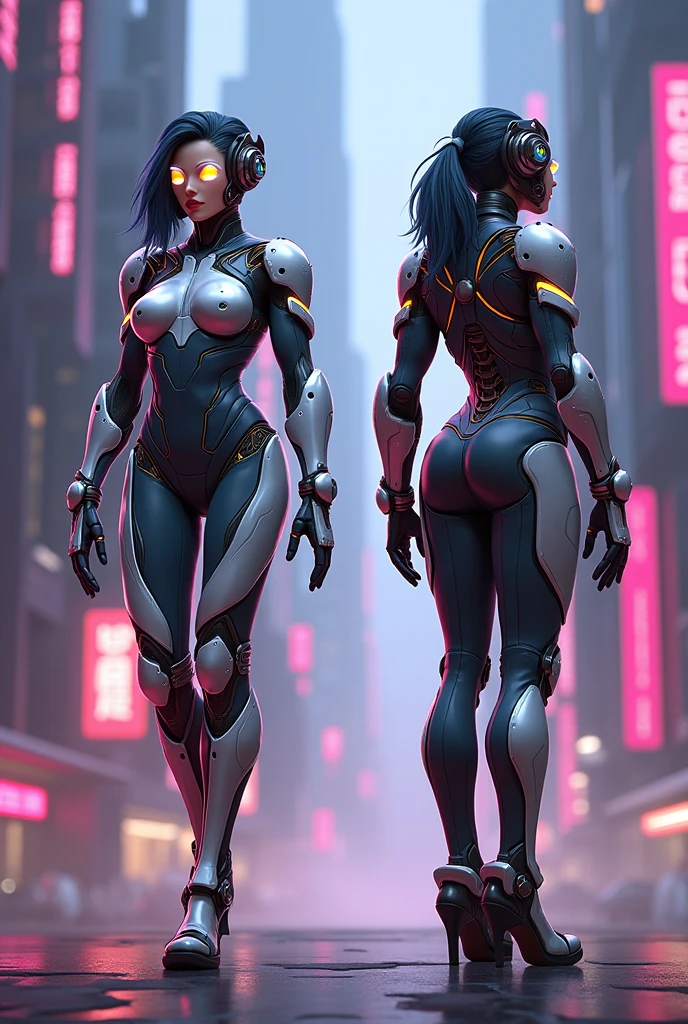 stylized style, Overwatch style female character concept, full body back and front view, robot detailed face with round eyes, cyberpunk theme, body covered with armor