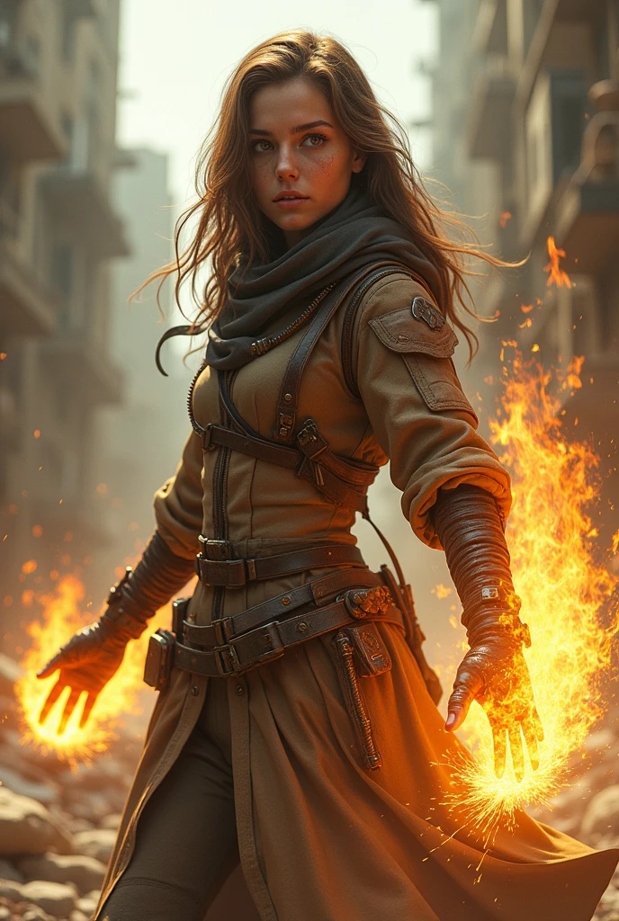 (photorealism:1.2), brown haired girl, full dystopian attire, destroyed city background, Gold flames in her hand, realistic, dusty top