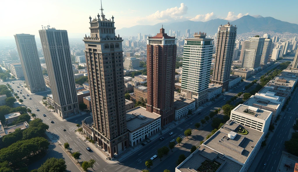 You have tall buildings about 60 meters high separated, with a different design each one of them on an avenue in the city of Arequipa. Have an aerial view