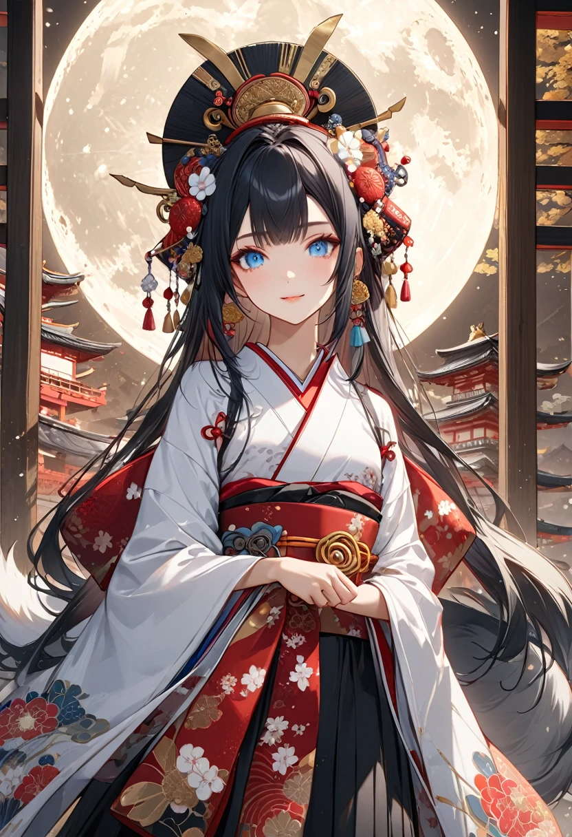 Ink painting, (((1 girl))), (((Tattoo in the middle of the forehead))),(((In the background is the Akatsuki moon))), (((Oiran))), (((Great hair accessories))), Demon possession, ((Masterpiece:1.2)), ((Highest quality)), Extremely detailed and delicate illustration style, Detailed leather texture, Detailed canvas texture, Very detailed description, (Masterpiece T), Extremely beautiful illustration, Highly detailed face, Raw image, professional, Ultra-high resolution panel, Complex details, Superior detail, Intricate decoration details, Perfect anatomy, real, (Very beautiful and cute black and white colored fox woman or girl with blue eyes wearing kimono), ((آذان الثعلب black hair, White hair, multicolor, the beautiful)), (Beautiful black and white colored fox tail), (black hair, White evil, Beautiful and shiny), (Beautiful and clear blue eyes), (Beautiful detailed eyes:1.6), (Traditional black and white detailed costume), Front view, White flower kimono, Black white colorful hakama long skirt, A maxi skirt, Modestly dressed, He smiles, ((Standing and looking at me)), ((The day)), (Extremely detailed and beautiful Japanese temple construction), (8K Highest quality wallpaper), (Extremely detailed and delicate background)