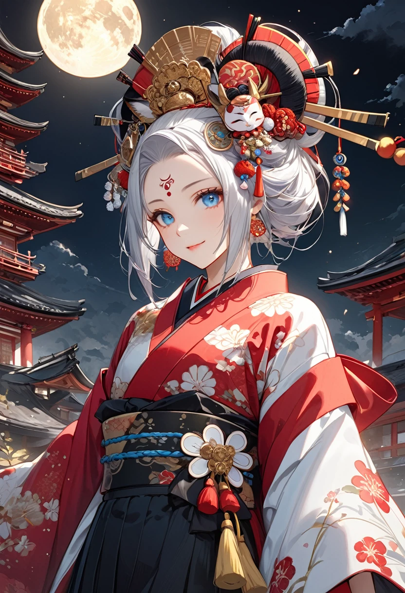 Ink painting, (((1 girl))), (((Tattoo in the middle of the forehead))),(((In the background is the Akatsuki moon))), (((Oiran))), (((Great hair accessories))), Demon possession, ((Masterpiece:1.2)), ((Highest quality)), Extremely detailed and delicate illustration style, Detailed leather texture, Detailed canvas texture, Very detailed description, (Masterpiece T), Extremely beautiful illustration, Highly detailed face, Raw image, professional, Ultra-high resolution panel, Complex details, Superior detail, Intricate decoration details, Perfect anatomy, real, (Very beautiful and cute black and white colored fox woman or girl with blue eyes wearing kimono), ((آذان الثعلب black hair, White hair, multicolor, the beautiful)), (Beautiful black and white colored fox tail), (black hair, White evil, Beautiful and shiny), (Beautiful and clear blue eyes), (Beautiful detailed eyes:1.6), (Traditional black and white detailed costume), Front view, White flower kimono, Black white colorful hakama long skirt, A maxi skirt, Modestly dressed, He smiles, ((Standing and looking at me)), ((The day)), (Extremely detailed and beautiful Japanese temple construction), (8K Highest quality wallpaper), (Extremely detailed and delicate background)
