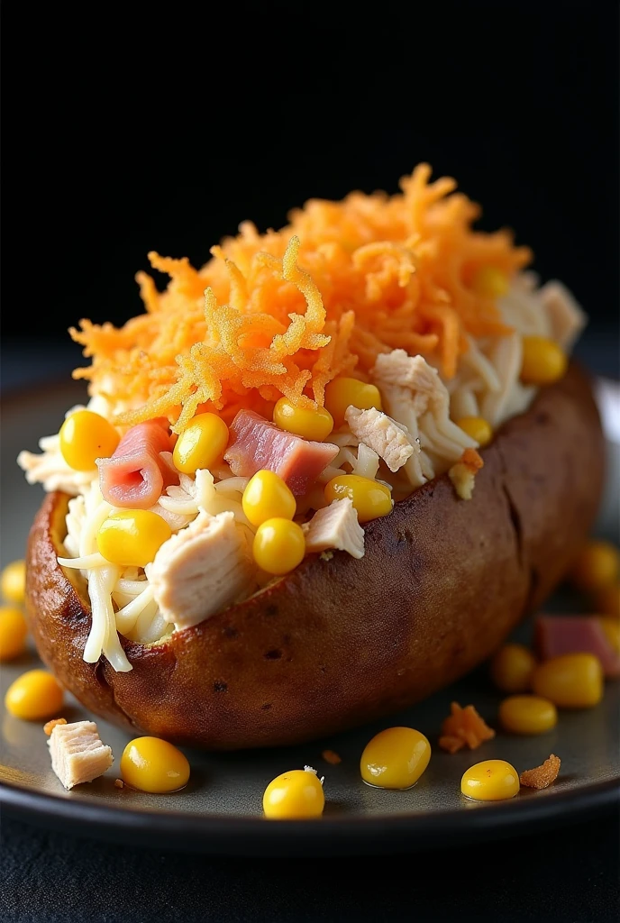 A high-quality, professional image on a black background featuring a halved baked potato stuffed with shredded chicken, sweetcorn, diced ham and cream cheese on the edges. The potato is finished with a golden, buttery layer of crispy straw potatoes running the length of the potato. The lighting is perfect to highlight the succulence of the dish, creating a 'food porn' effect that triggers a strong desire to taste and creates something in the mouth.