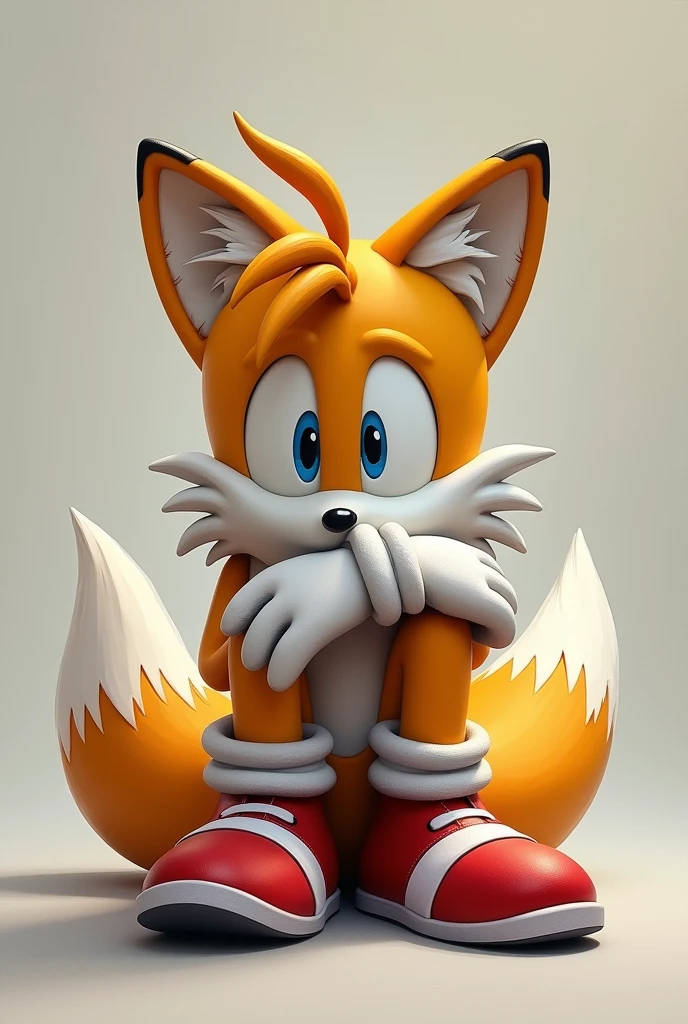 Tails hugging own legs looking at the viewer with his shoes and gloves on front view