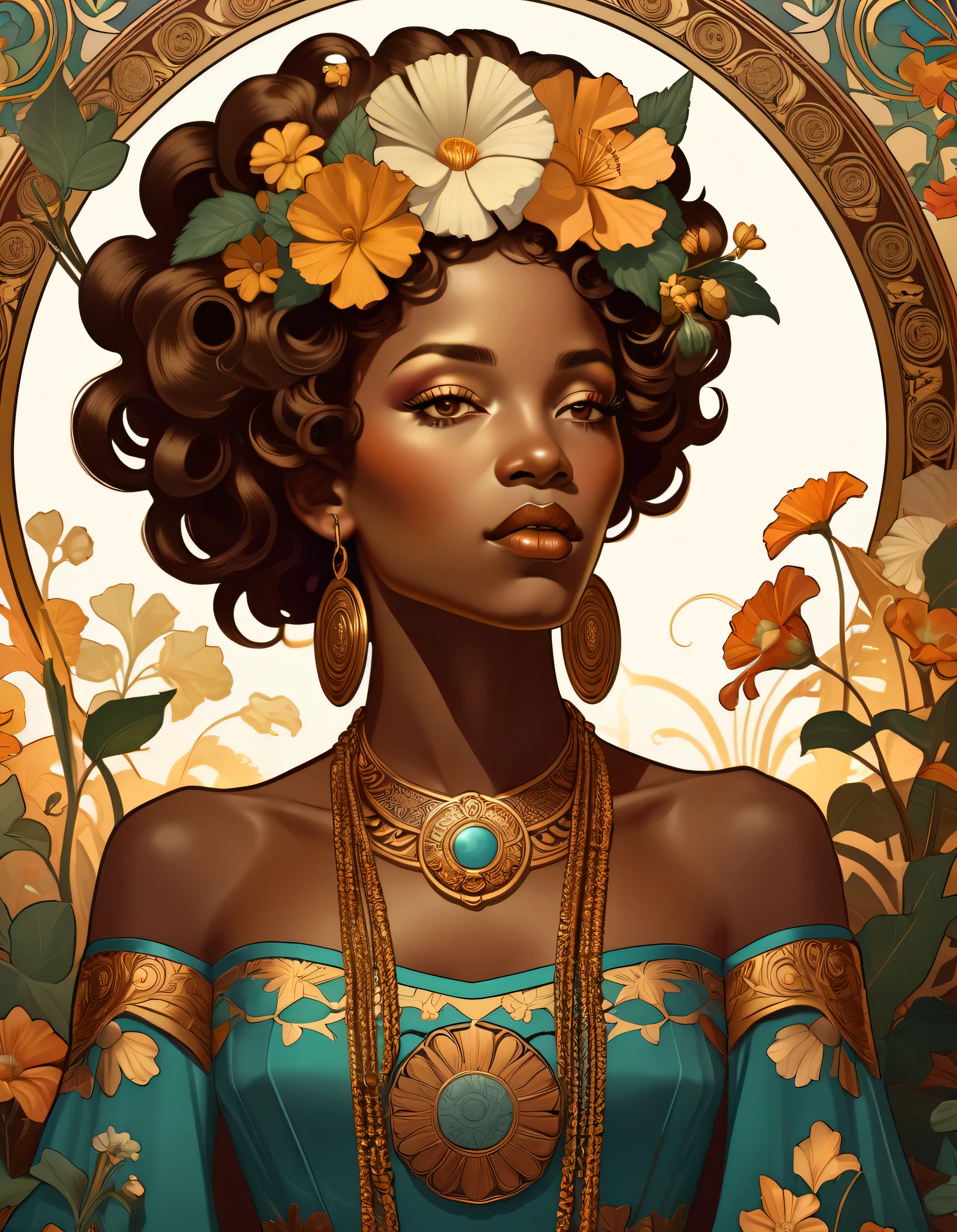 old (Masterpiece, Best Quality, Highres:1.2) Art Nouveau Style Beautiful African Woman with large Hair Shaped as Flowers and large necklaces in the Style of Alphonse Mucha, portrait of a beautiful cute, very beautiful, standing artistically, realistic natural, professional light distribution, very artistic lighting gradation, artistic detail, highly detailed, centered, Nymph-pattern vintage wallpaper with dramatic backlighting casting deep shadows, featuring a meticulously crafted illustration inspired by Dan Mumford and Alphonse Mucha, hyper-realistic and photorealistic textures, extremely detailed with intricate floral and foliage elements, octane rendered in 8K (extremely detailed 8k wallpaper), Golden ratio, hidden ancient African symbols (, Spiral), balanced design, color harmony, Vernis Martin, golden, ancient mythology, artistically twisted edges, reminiscent of old-world craftsmanship with a contemporary edge, volumetric lighting, ultra fine details.
