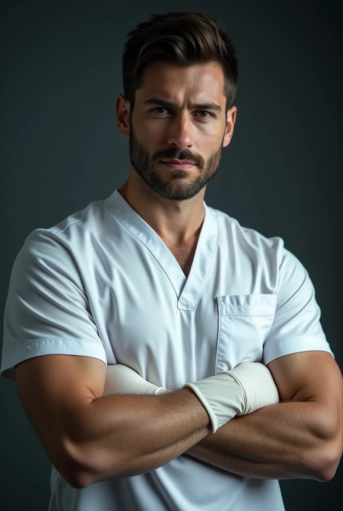 Un homme sexy avec des gants chirurgicaux courts blanc 