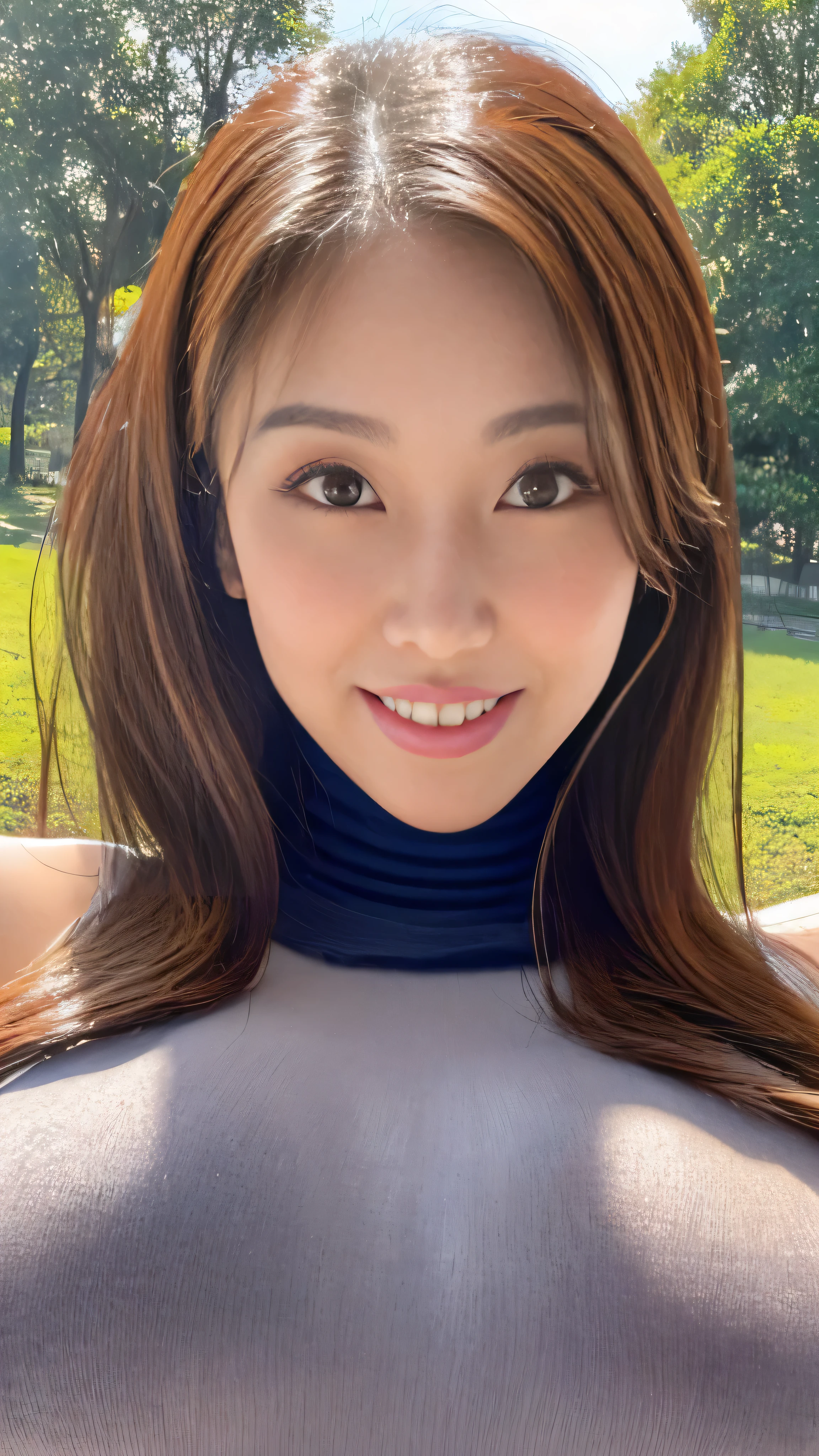 (highest quality、Tabletop、8k、Best image quality、Award-winning works)、1 girl、(The perfect navy sleeveless turtleneck knit sweater dress:1.5)、(The perfect sleeveless turtleneck knit:1.3)、Straight Long Hair、Look at me with your best smile、(Very large breasts, bigger than her face:1.95)、Knitted dresses with a good fit、(Accentuate your body lines:1.45)、(Attractive body:1.42)、(Attractive appearance:1.32)、(Beautiful park background with strong blur:1.1)、The most natural and perfect beauty park、Perfectly maintained park、Standing Elegantly、A refreshing view、Natural Makeup、Ultra HD cute face、(Ultra High Resolution Perfect Teeth:1.1)、Ultra HD Hair、Ultra HD Shining Eyes、(Ultra-high resolution glossy skin:1.1)、Super high quality glossy lip、(Accurate anatomy:1.1)、(very bright and vivid:1.2)、(bright and beautiful skin:1.3)