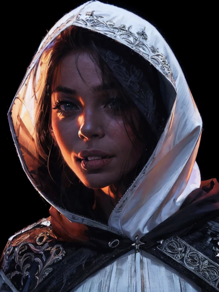 Close-up portrait of a young woman with a rebellious and defiant expression. His face is in the foreground, softly and dimly lit, highlighting her light skin. He wears a black hood that covers most of his head., leaving only his mouth and tongue visible. About the hood, A white cross stands out at the top, contrasting with the dark fabric. the woman has her mouth open, showing a wide, provocative smile while sticking her tongue out, creating a bold and defiant effect. The light is subtle, with soft shadows that add a dramatic touch to the face and hood. The style is hyperrealistic, capturing the details of the fabric texture, Shiny teeth and wet tongue,The hood covers his eyes and nose,only the mouth visible