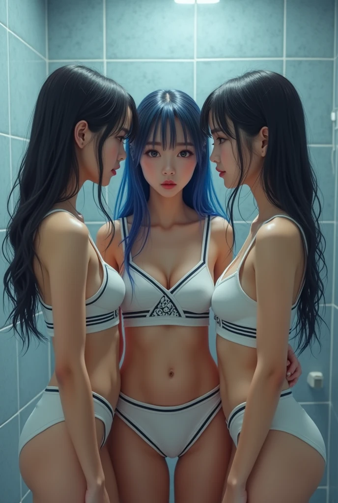 Multiple sexy Young asian students cheerleader, with blue hair, taking a shower nude, Seen from front, high quality, photorealistic