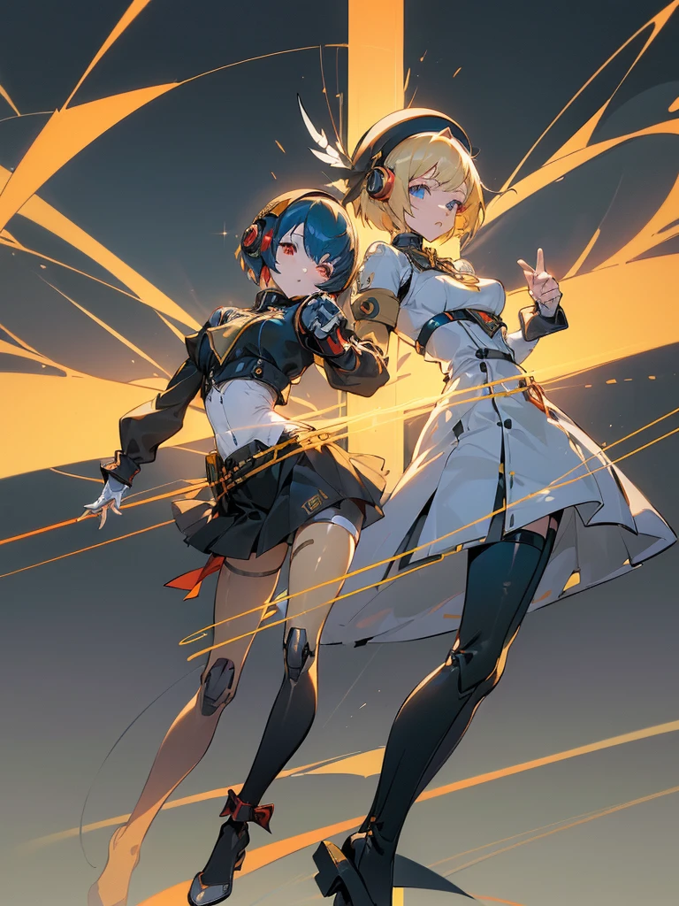 (((first girl))((Metis))((persona 3)) ((robot)) ((girl)) ((black torso)) ((golden belt)) ((black metal skirt)) ((feathers skirt)) ((red eyes)) ((short black hair)) ((golden headphones)) ((red headwear)) 4k )
(((Second girl ))((aigis)) ((persona 3)) ((robot)) ((shor hair)) ((blonde hair)) ((blue eyes)) ((white torso)) ((golden details)) ((golden headband)) ((big ribbon chest)) ((pretty)) ((4k)
2 girls together, 2 girls interacting ((dynamic pose)) ((cool pose)) ((fullbody))
Colorful environment pretty environment floating in the air happy together zoom halfbody