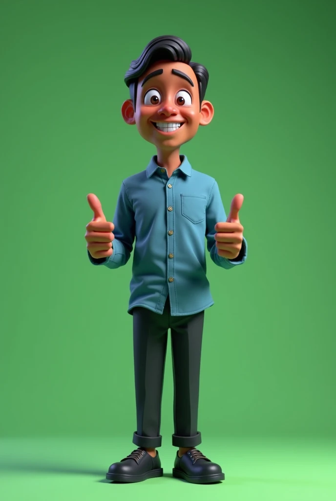 Cartoon character of a slender man in his 60s full body dark skin black hair cut short, blue shirt, black pants black shoes, an animated character, stylized character, animation style rendering, 3d stylized, Arnold Maya rendering, Stylized 3D rendering, toon render screenshot, 3d character, 3d character, Stylized 3D rendering, 3D character rendering, cartoon character, character posing, (Pixar-style) (master part:1.2) (bokeh) (best qualityer) (skin detailed) (detailed texture) (8k) (Argilla) (cinematic lighting) (sharp focus，standing full body making a thumbs up sign with both hands green background without shadow chroma kay type