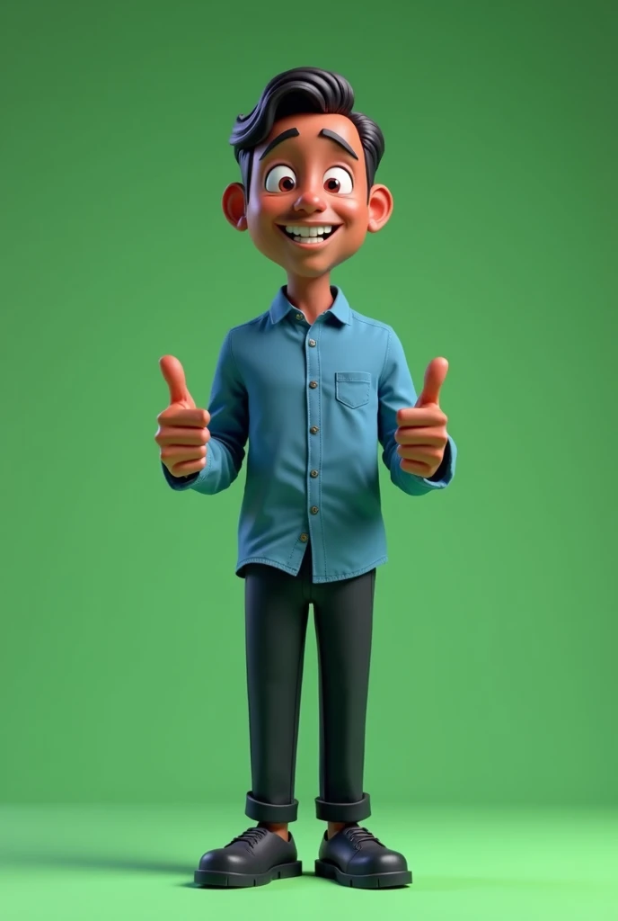 Cartoon character of a slender man in his 60s full body dark skin black hair cut short, blue shirt, black pants black shoes, an animated character, stylized character, animation style rendering, 3d stylized, Arnold Maya rendering, Stylized 3D rendering, toon render screenshot, 3d character, 3d character, Stylized 3D rendering, 3D character rendering, cartoon character, character posing, (Pixar-style) (master part:1.2) (bokeh) (best qualityer) (skin detailed) (detailed texture) (8k) (Argilla) (cinematic lighting) (sharp focus，standing full body making a thumbs up sign with both hands green background without shadow chroma kay type