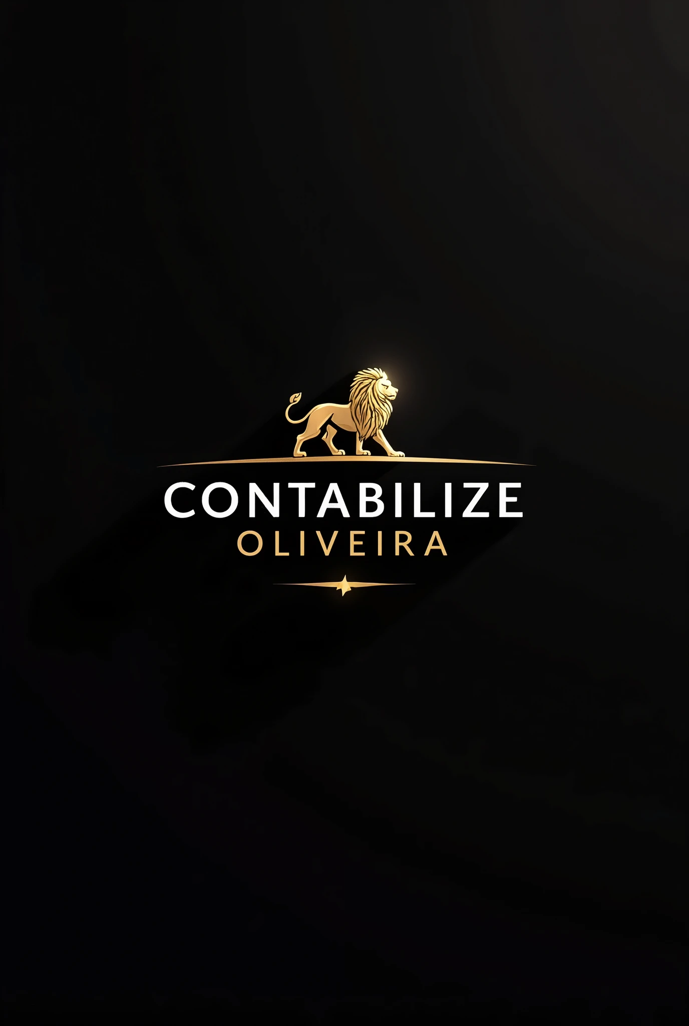 A logo for an accounting firm with the name Contabilize Oliveira. In black and gold colors, with dark background and lion image with futuristic fonts.