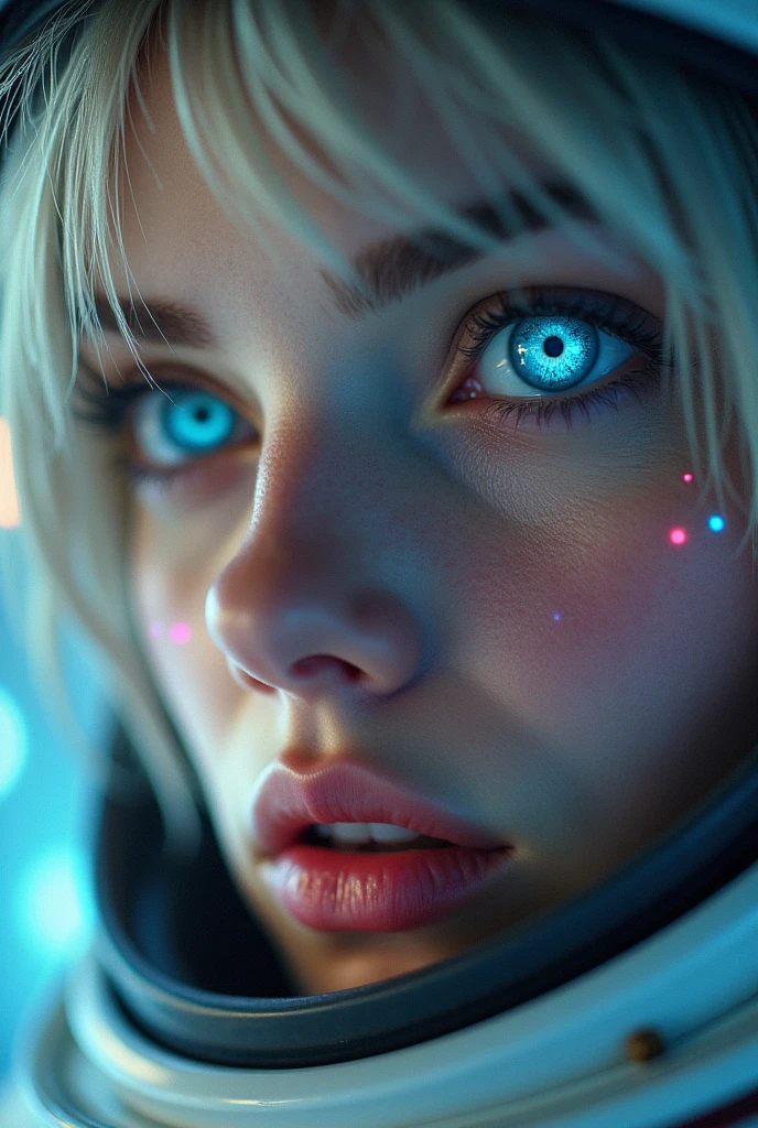 (Close-up of a better masterpiece:1.5)0.9], (Space and astronauts:1.2) (Messy silver hair:1.1) (Heterochromia xanthochromia and blue eyes:1.2) (Space Helmet:1.0) (Colored stars in the eyes:1.0) (A radiant glow:1.1) (thick lips:0.9)