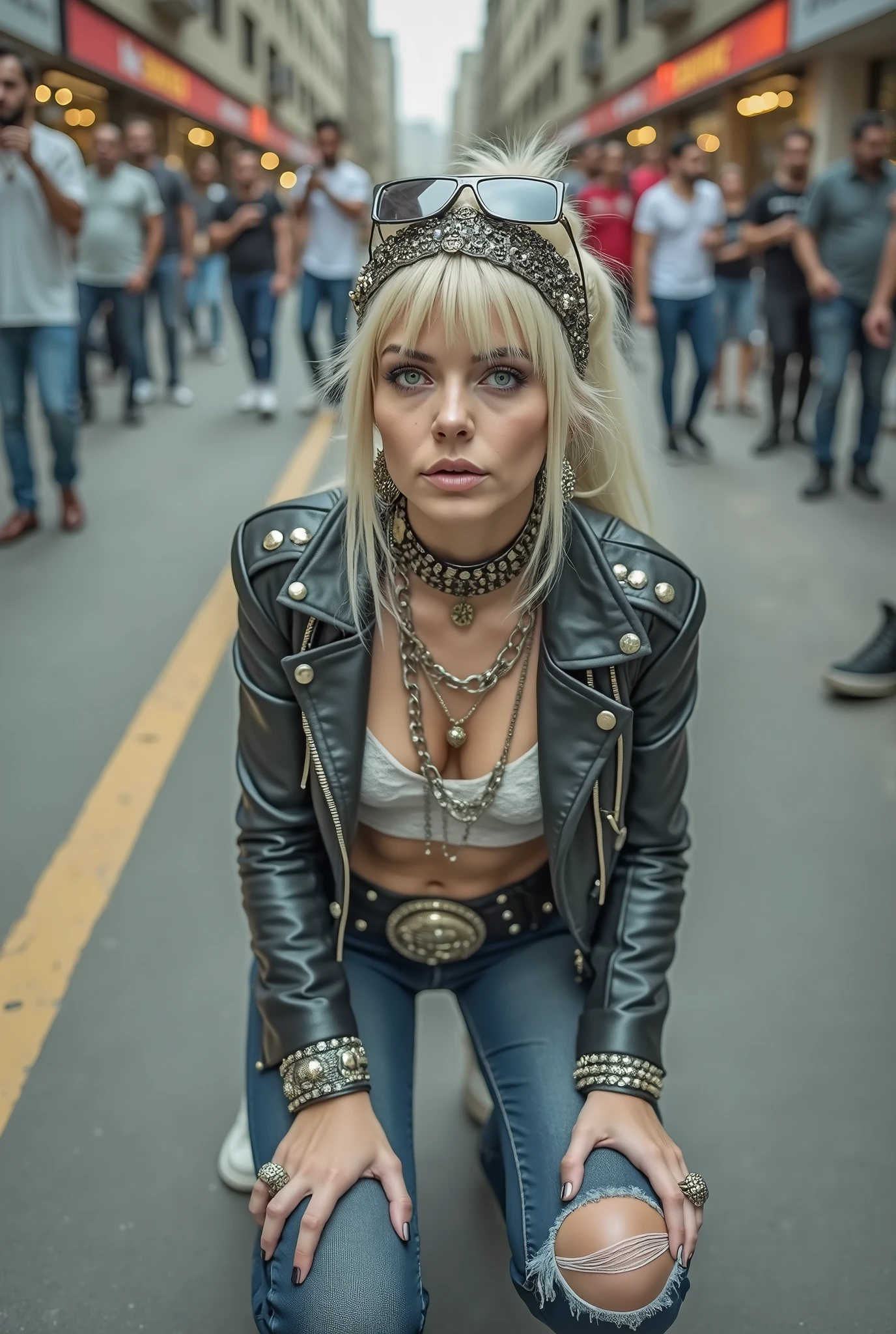 russian old milf woman, , blonde platinum hair (beehive bun) and oversized square sunglasses as headband), with very light green eyes, extremely pale. Wearing studded, padded shoulders, cropped black moto jacket (zippers on the sides, skull patches on the sleeves), dark grey lace lace push up bra, dark skinny low rise blue jeans with holes on knees .White tennis sneakers. Lots of thick wide studded bracelets, chain collars and big rings. Tacky wide studded leather belt with big eagle oval buckle. Long earrings with chains. Kneeling, craving for the ice cream of the photographer. Hands on knees. Looking at the camera, Toned abdominals, thin neck, slim legs and thin arms. Narrow hips. Heavily tattooed. Crowded street of Saudi Arabia