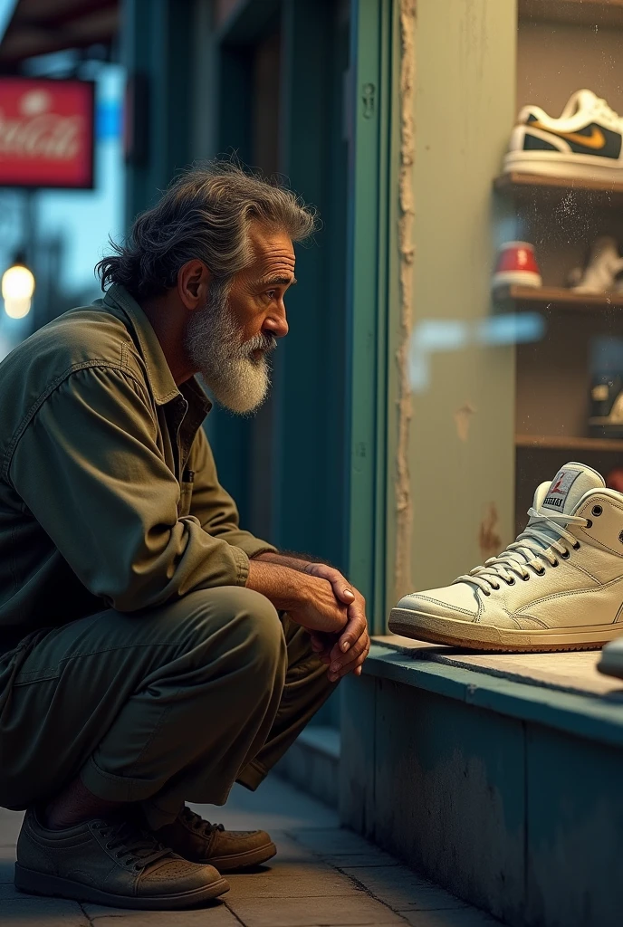 poor man looking at a tennis shoe in the window of a store
