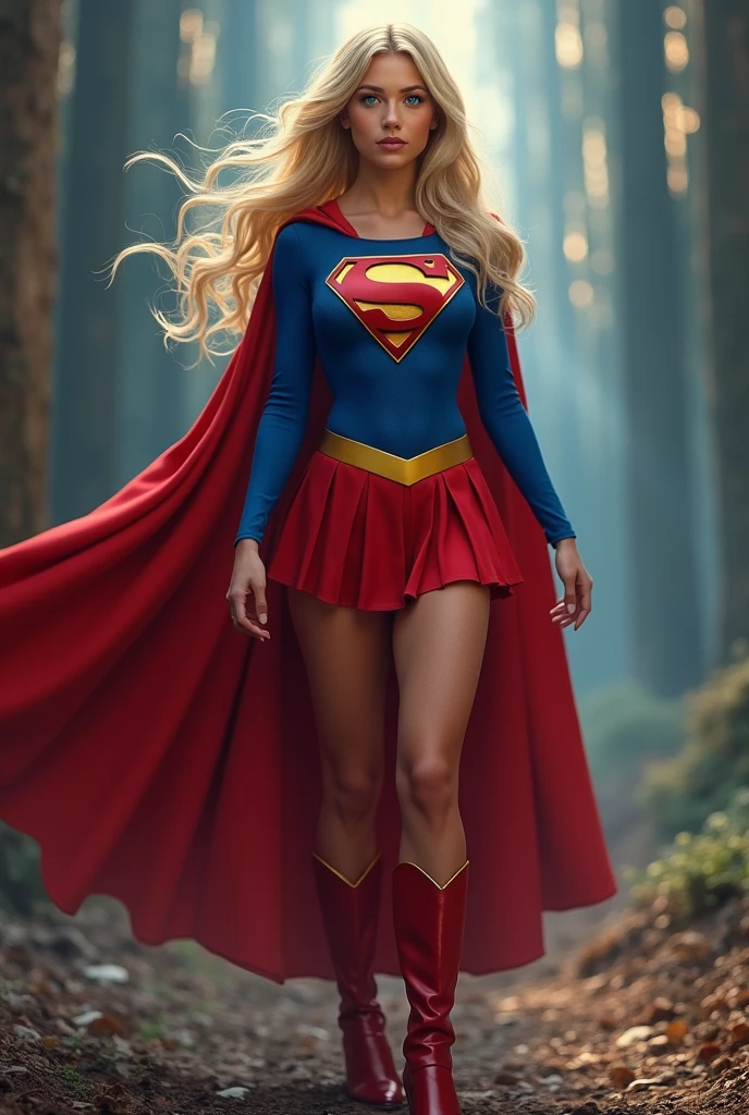 A SEXY AND BUSTY TEEN FEMALE WITH BLONDE HAIR DONE UP NICLEY, AND DAZLING BLUE SAPHIRE EYES, WEARING A SPANDEX 1984 BLUE SUPERGIRL COSTUME COMEPLETE WITH A LONG READ PLEATED SKIRT WITH A YELLOW SUPERGIRL BELT, A PAIR OF RED HEELED BOOTS WITH YELLOW TRIM, AND A LONG FLOWING RED CAPE WITH THE GOLD "S" EMBLEM. RED LIPSTICK, RED FINGERNAILS. INCREDIBLY DETAILED GLOWING SKIN, INCREDIBLEY DETAILED FACE, INCREDIDBLEY DETAILED CLOTHING, TEXTURED SKIN PORES, TEXTURED HAIR, 8K ABSURD RESOLUTION, MASTERPIECE. PHOTO REALSITIC, HYPER REALISTIC. MYSTICAL BACKGROUND. 16K RESOLUTION. PREFESSIONAL GRADE IMAGE.