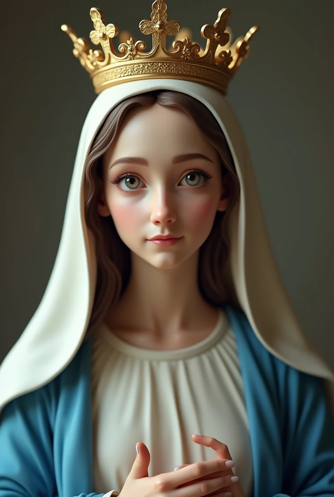 image of the Virgin Mary, she is wearing a blue and white coat, your veil is white, she is wearing a golden queen crown, image ultra realistic, the Virgin Mary has a serene and compassionate look