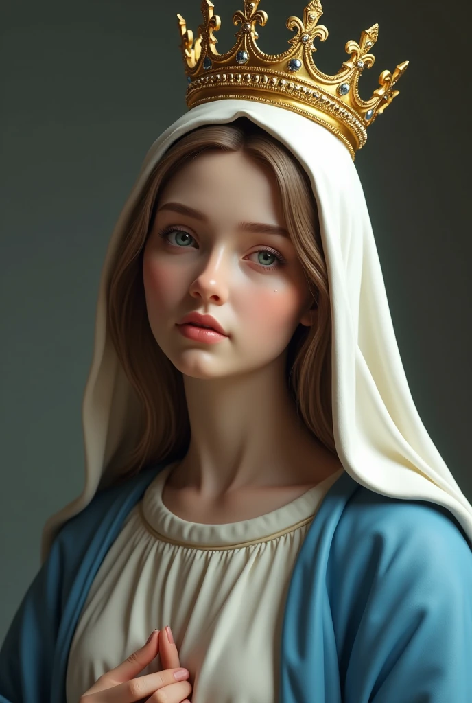 image of the Virgin Mary, she is wearing a blue and white coat, your veil is white, she is wearing a golden queen crown, image ultra realistic, the Virgin Mary has a serene and compassionate look