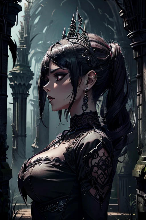 (Gothic Punk Woman), black pixie cut hair, layered lace and mesh outfit, pale foundation, dramatic lip colors, dark eyeliner, 2D dark J-horror anime style, mostly black with hints of purple, silver, and deep crimson colors, mysterious, disobedient, intense vibes, hazy cemetery background, foggy and eerie atmosphere, dimly lit, vintage cemetery elements, overgrown ivy and decaying tombstones, ultra-detailed, high quality, HD