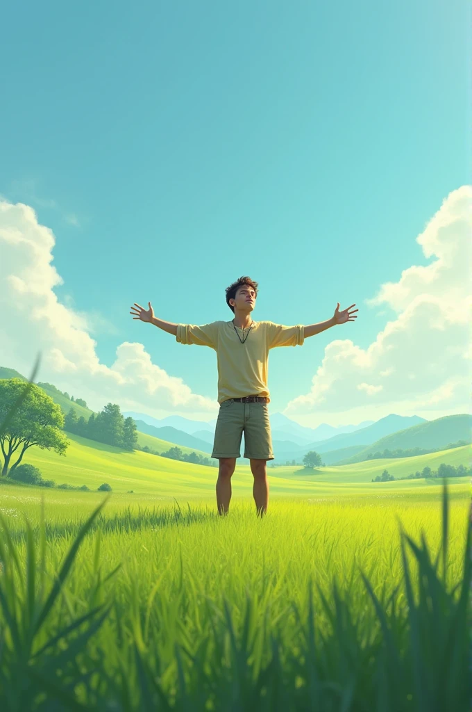 A young man in the middle of a green field with his hands outstretched 