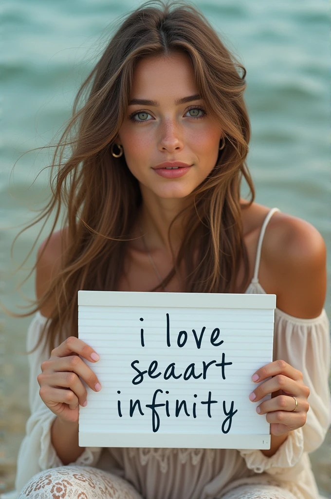 Beautiful girl with wavy long hair, bohemian dress, holding a white board with text "I Love Seaart Infinity" and showing it to the viewer