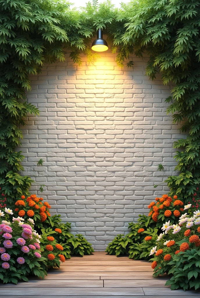white and mixed brick wall , with many green branches on the sides and colorful flowers with yellow spotlights