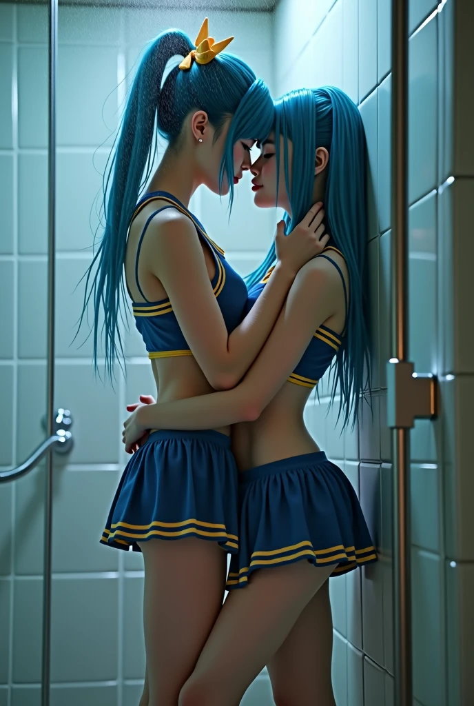 A Real sexy Young asian student cheerleader, with blue hair, having sex in the shower, high quality, photorealistic