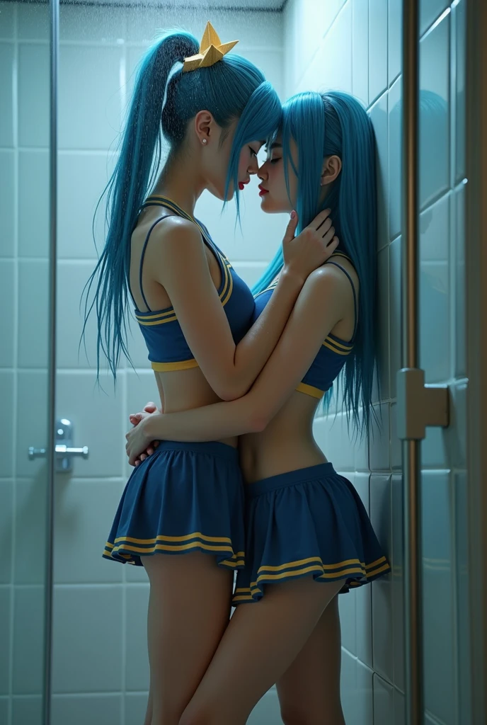  
A Real sexy Young asian student cheerleader, with blue hair, having sex in the shower, high quality, photorealistic