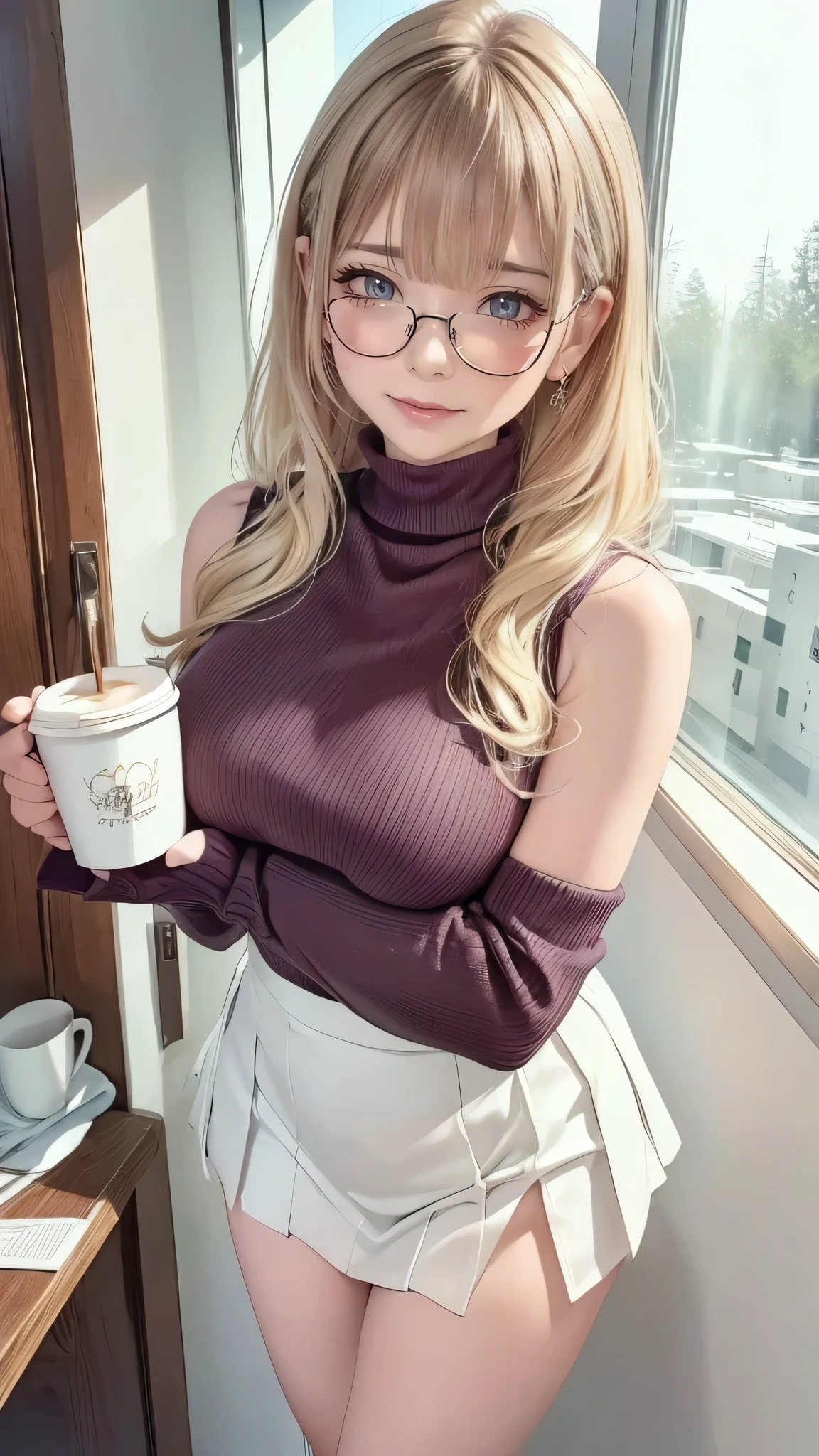 (masterpiece:1.3), high resolution, ultra detailed, extremely detailed CG unity 8k wallpaper, realistic, photo-realistic, RAW photo, beautiful detailed face, pale skin, realistic glistening skin, detailed cloth texture, detailed hair texture, Perfect body, Beautiful Face, accurate, Anatomically correct, Highly detailed face and skin texture, natural neck length, (beautiful hands), (fair skin:1.2), Thin legs, Thin feet,
BREAK,
Detailed eyes, symmetric eyes, Light Brown eyes, Double eyelids, Thin eyebrows, (Glossy lips:1.4), (gently smile:1.2),
BREAK,
(nsfw:1.1), (A Classy and Cute girl:1.3), (1 girl, one girl), ((wearing a Violet sleeveless turtleneck sweater:1.3)), (White pleated mini skirt), (long boots), (wearing glasses:1.1),
(medium large breasts, firm abs), (slender figure firm breasts:1.2), beautiful clavicle,
(blonde hair, wavy hair, long hair:1.2), ((asymmetrical bangs:1.2)),
BREAK,
((Standing by the window with holding a coffee:1.2)), (from side:1.1), (looking sideway at viewer:1.2), ((Focus on face:1.2)),
((In the modern office at Japan at morning:1.2)), (Cowboy shot:1.2),