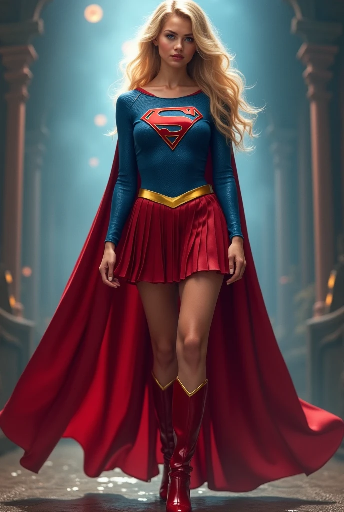 A SEXY AND BUSTY TEEN FEMALE WITH BLONDE HAIR DONE UP NICLEY, AND DAZLING BLUE SAPHIRE EYES, WEARING A SPANDEX 1984 BLUE SUPERGIRL COSTUME COMEPLETE WITH A LONG READ PLEATED SKIRT WITH A YELLOW SUPERGIRL BELT, A PAIR OF RED HEELED BOOTS WITH YELLOW TRIM, AND A LONG FLOWING RED CAPE WITH THE GOLD "S" EMBLEM. RED LIPSTICK, RED FINGERNAILS. INCREDIBLY DETAILED GLOWING SKIN, INCREDIBLEY DETAILED FACE, INCREDIDBLEY DETAILED CLOTHING, TEXTURED SKIN PORES, TEXTURED HAIR, 8K ABSURD RESOLUTION, MASTERPIECE. PHOTO REALSITIC, HYPER REALISTIC. MYSTICAL BACKGROUND. 16K RESOLUTION. PREFESSIONAL GRADE IMAGE.