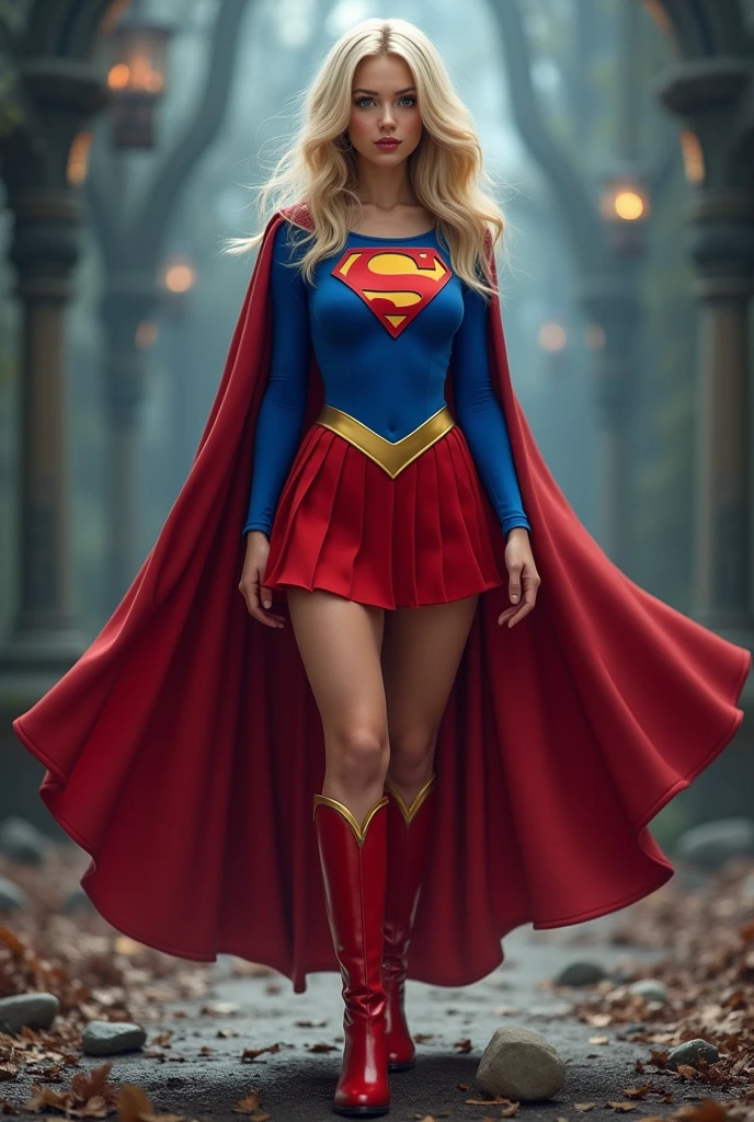 A SEXY AND BUSTY  FEMALE WITH BLONDE HAIR DONE UP NICLEY, AND DAZLING BLUE SAPHIRE EYES, WEARING A SPANDEX 1984 BLUE SUPERGIRL COSTUME COMEPLETE WITH A LONG READ PLEATED SKIRT WITH A YELLOW SUPERGIRL BELT, A PAIR OF RED HEELED BOOTS WITH YELLOW TRIM, AND A LONG FLOWING RED CAPE WITH THE GOLD "S" EMBLEM. RED LIPSTICK, RED FINGERNAILS. INCREDIBLY DETAILED GLOWING SKIN, INCREDIBLEY DETAILED FACE, INCREDIDBLEY DETAILED CLOTHING, TEXTURED SKIN PORES, TEXTURED HAIR, 8K ABSURD RESOLUTION, MASTERPIECE. PHOTO REALSITIC, HYPER REALISTIC. MYSTICAL BACKGROUND. 16K RESOLUTION. PREFESSIONAL GRADE IMAGE.